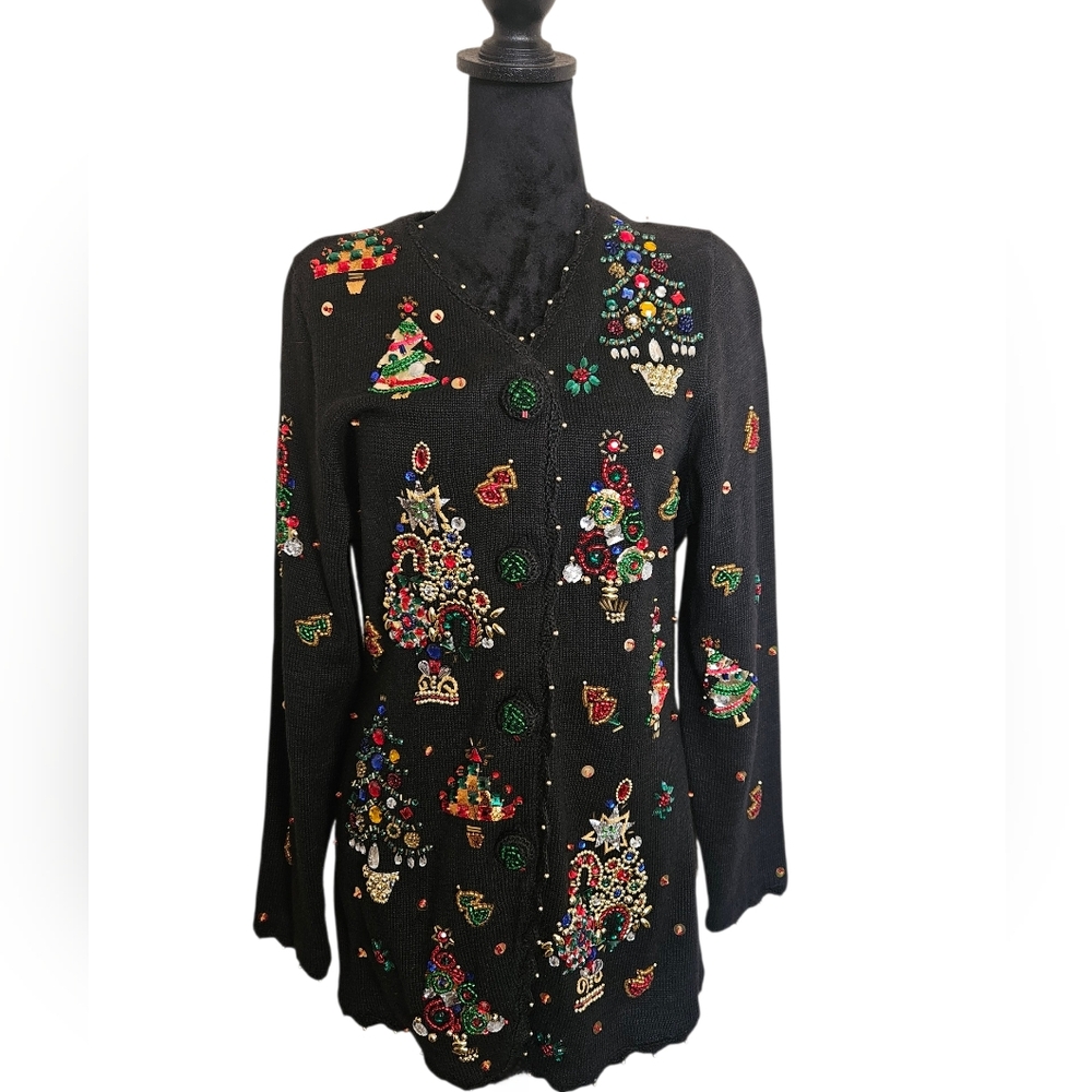 Vintage 90s Michael Simon Christmas Black Embellished Knit Cardigan Size M